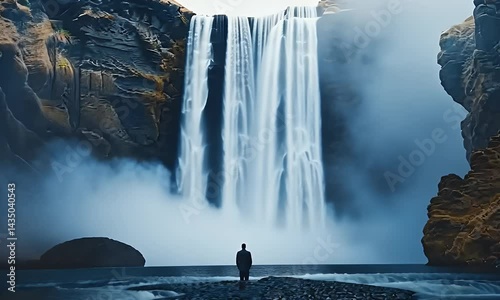 Man standing in front of giant waterfall
