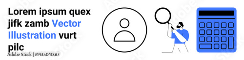 Profile icon, person inspecting with magnifying glass, calculator symbolizing analytics, finance, technology, and user interfaces. Ideal for user profiles, data visualization, education finance