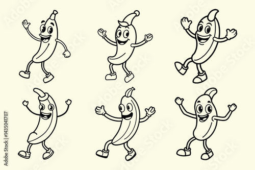 Set of banana mascot logo line art vector icon illustration on white background.