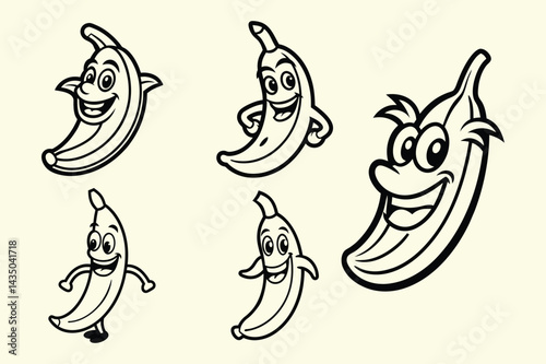 Set of banana mascot logo line art vector icon illustration on white background.