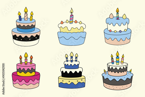  Set of cute birthday cake drawing vector icon illustration on white background