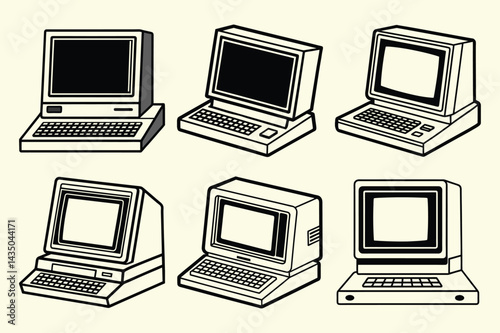 Set of vintage computer line art vector icon illustration on white background