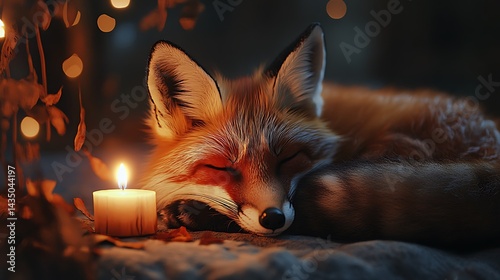 A fox sleeping peacefully inside a hollow tree, cozy forest