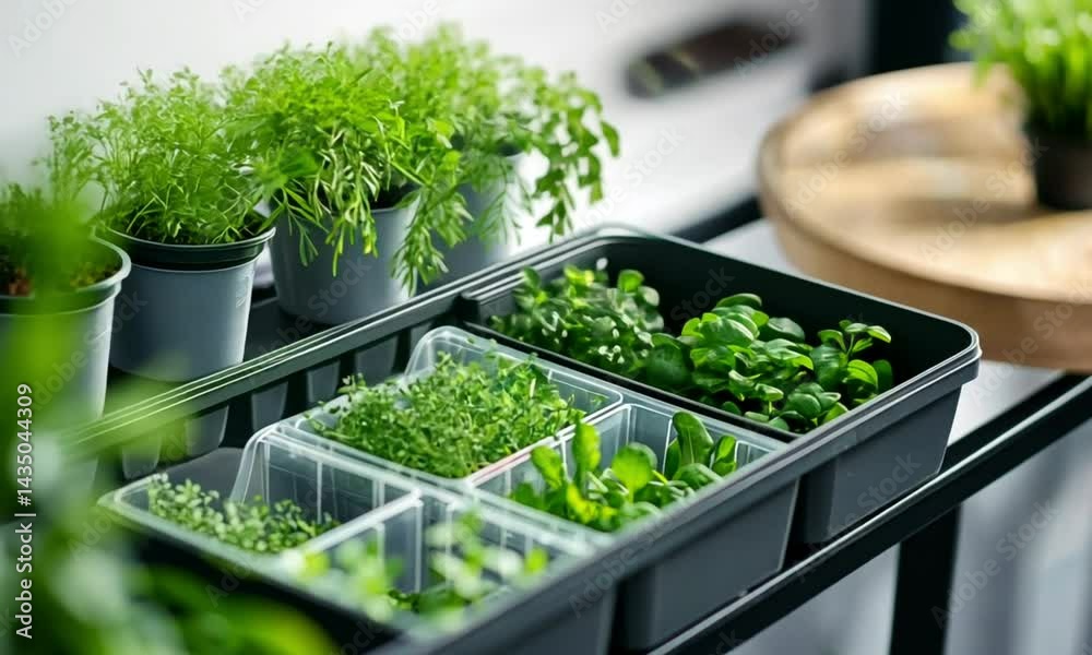 A collection of herbs in pots, showcasing vibrant greenery and growth.