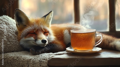 A fox sleeping peacefully inside a hollow tree, cozy forest