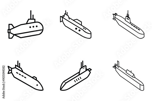 Set of war submarine line art vector icon illustration on white background.