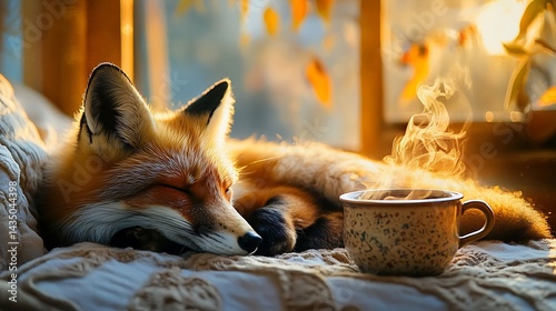 A fox sleeping peacefully inside a hollow tree, cozy forest