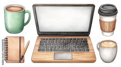 Cozy Watercolor Workspace Illustration Laptop, Coffee, and Notebook