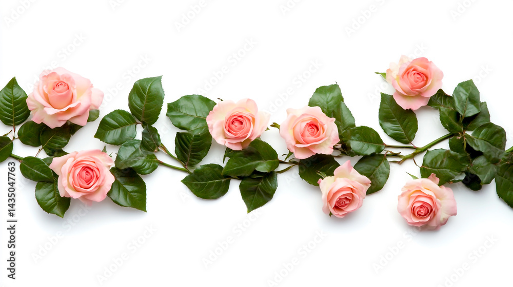 Fototapeta premium A white background with pink roses and green leaves on the right side
