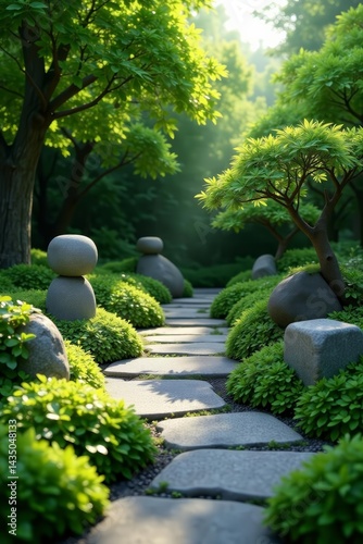 Minimalistic stone circle and square figures adorned with fresh green foliage, zen garden vibes, square, fresh