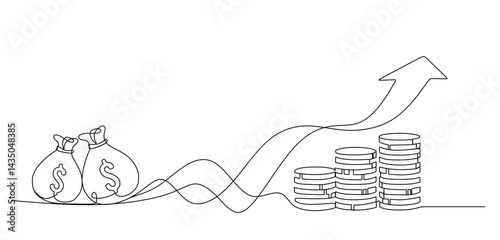coins stack with flow and high up arrows savings and achievement concept continuous one line drawing. financial planning and retirement metaphor vector illustration