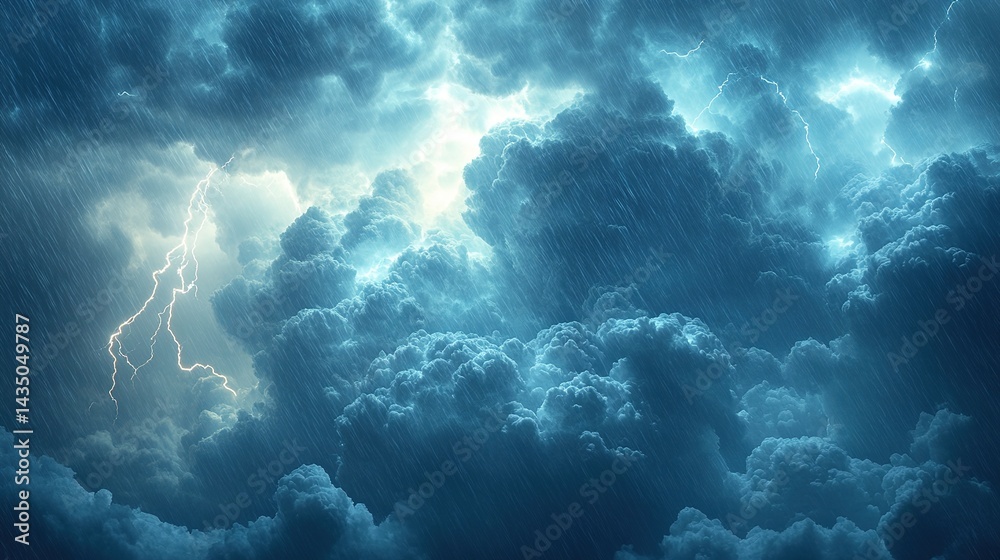 Fototapeta premium Dramatic Storm Clouds Illuminated by Lightning and Heavy Rain in