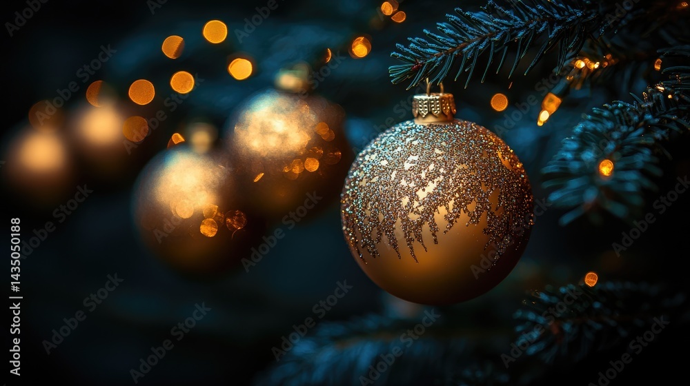 Christmas ornaments on a dark evergreen tree. Golden baubles hang on a lush dark green fir.  Twinkling lights softly illuminate the scene