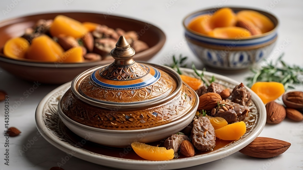 Fototapeta premium A Moroccan tagine with tender lamb, apricots, and almonds, beautifully plated on a white background