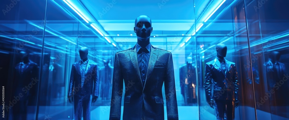 Mannequins in suits under neon lights fashion display retail business Mannequins in suits under neon lights fashion display retail business
