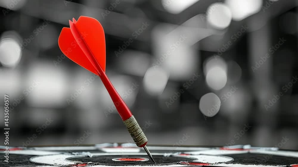 Close-up of a red dart stuck in the bullseye of a dartboard, showcasing precision. Close-up of a red dart stuck in the bullseye of a dartboard, showcasing precision.