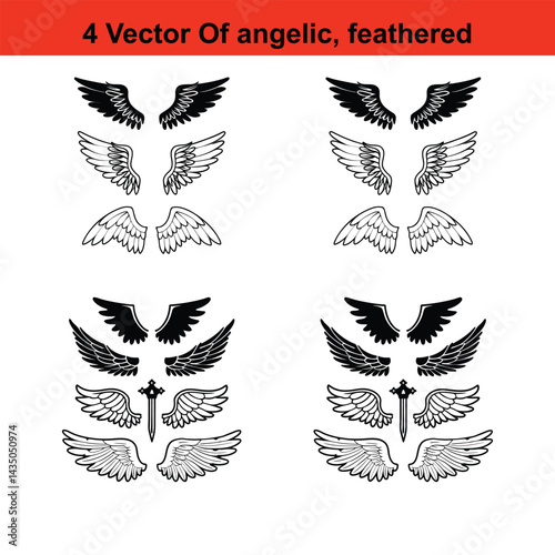 Wings Icon Set Angel and Tribal Wing Symbols, Feathered Wings Vector,Black wings vector set with tribal and angelic silhouettes