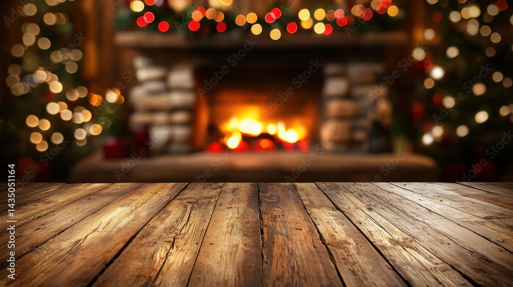 Cozy Rustic Cabin Fireplace with Bokeh Christmas Lights Background