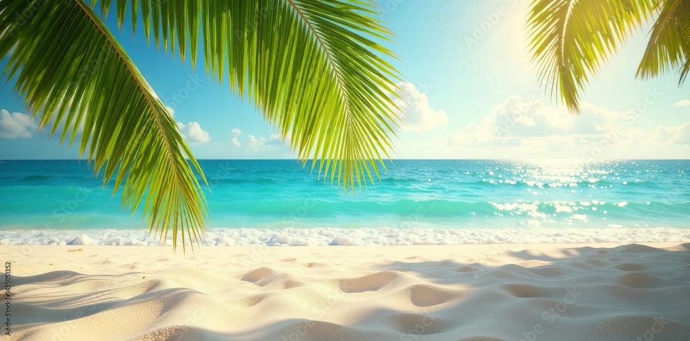 Palm fronds scattered on sunlit beach backdrop, relax, serene Palm fronds scattered on sunlit beach backdrop, relax, serene