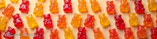 Playful gummy bears in a repeated design for a fun and sweet background, sugar, chewy