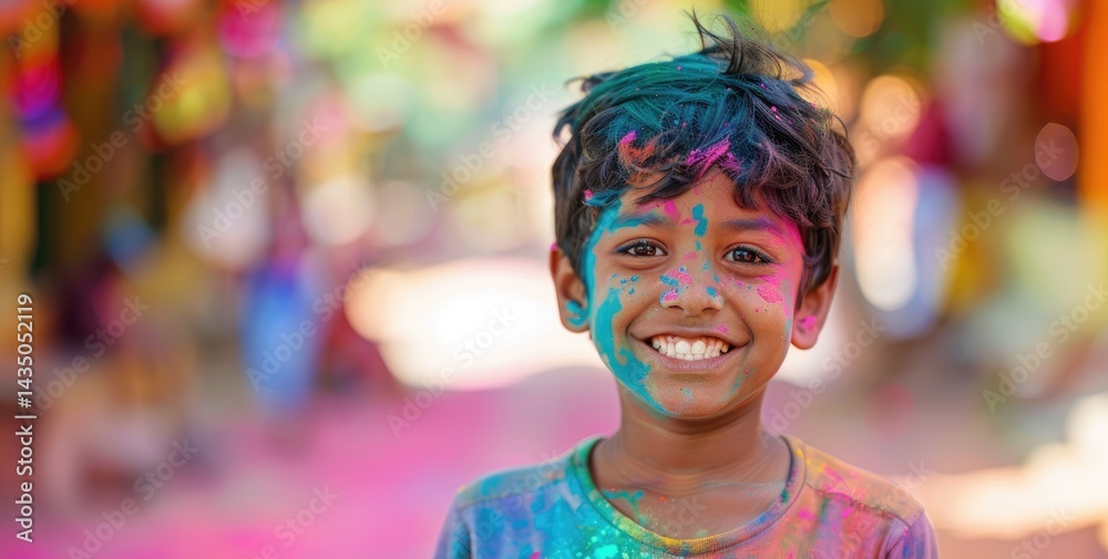Young boy with colorful powder on face during Holi festival celebration in India. Joyful child with painted cheeks smiling at camera. Traditional Hindu spring event Young boy with colorful powder on face during Holi festival celebration in India. Joyful child with painted cheeks smiling at camera. Traditional Hindu spring event