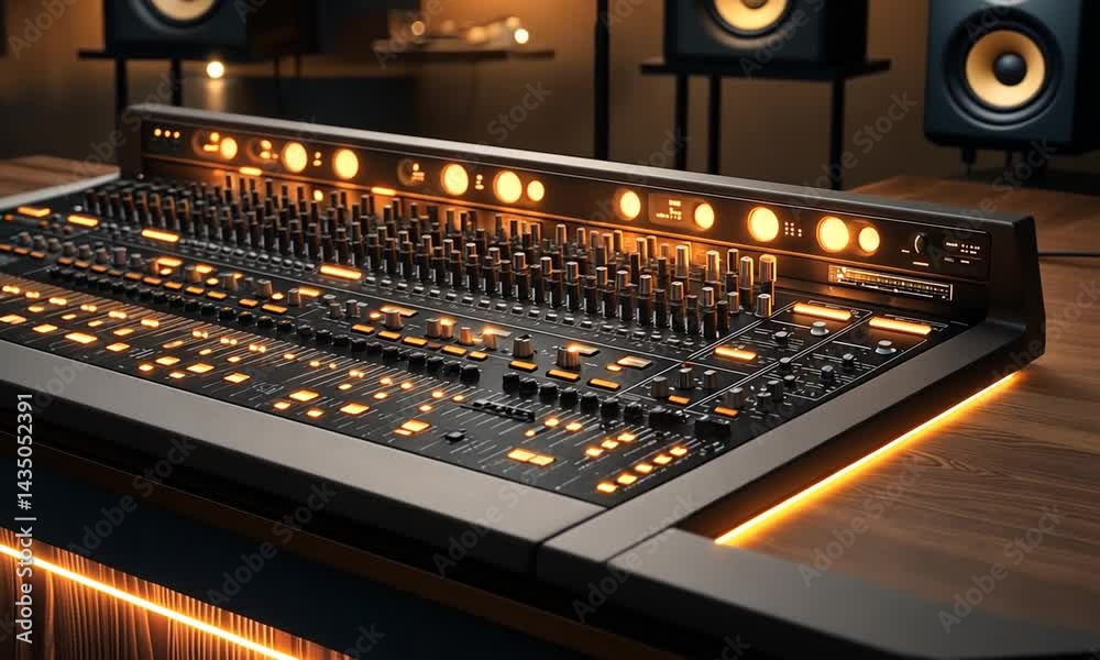 Modern audio mixing console with illuminated controls in a stylish studio environment Modern audio mixing console with illuminated controls in a stylish studio environment