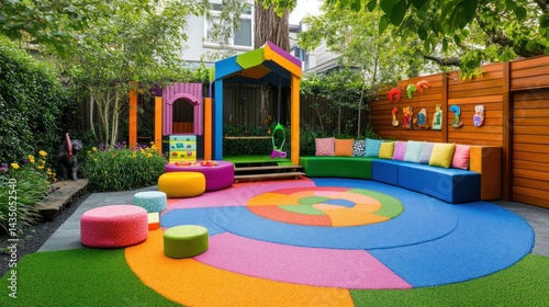 A vibrant and colorful children's play area with a colorful circular play surface.