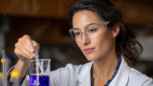 Scientist meticulously adds reagent to beaker in lab