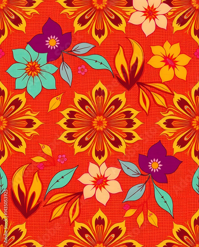 Wallpaper Mural A vibrant batik fabric pattern with floral motifs and intricate linework, seamless pattern. Torontodigital.ca