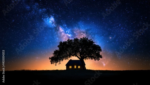 Starry Night House with Tree Silhouette.