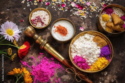 Holi and Indian Sweets Festive Table with Gujiya Thandai Malpua Colorful Powders