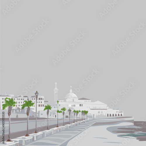 IModern Coastal Algiers
A seaside promenade view with palm-lined streets, white French colonial buildings, the Grand Post Office in the distance, and the Mediterranean Sea sparkling under a clear sky.