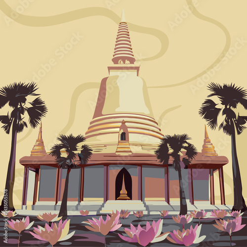 Thailand
A golden temple surrounded by palm trees,  past lotus flowers.