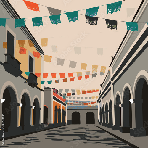 Mexico
A lively street with papel picado decorations, , and colorful colonial buildings.