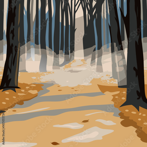 A quiet forest path surrounded by tall pine trees, soft morning fog, and scattered fallen leaves.