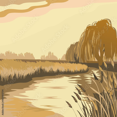 A peaceful riverbend with tall grass on the banks, willow trees leaning over the water, and soft ripples.. photo