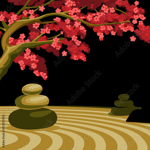 A peaceful Zen garden with raked sand patterns, rock arrangements, and a single blossoming tree.