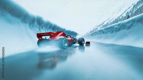 F1 car drifting across frozen icy mountain racing track