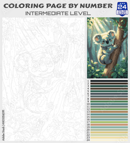 Coloring Page by Numbers - Cute Koala on Eucalyptus Tree in Sunlit Forest - Intermediate Level Paint by Number Template with 24 Color Palette