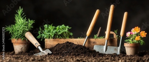 Gardening scene with tools, pots, herbs, soil, and flowers. Dark backdrop adds depth