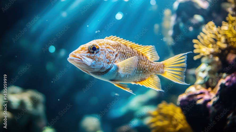 Fototapeta premium Stunning Underwater Shot of a Vibrant Fish in a Coral Reef Aquarium