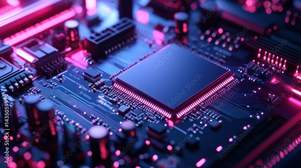 Obraz premium High-tech circuit board with glowing processor (1)