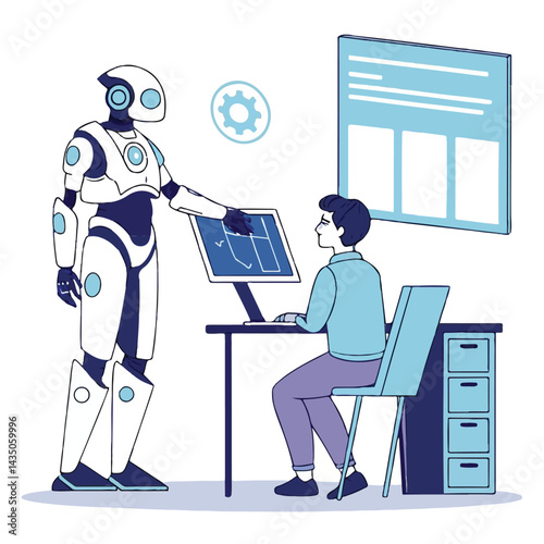 Artificial Intelligence Collaboration – Robot and Human Working Together Illustration