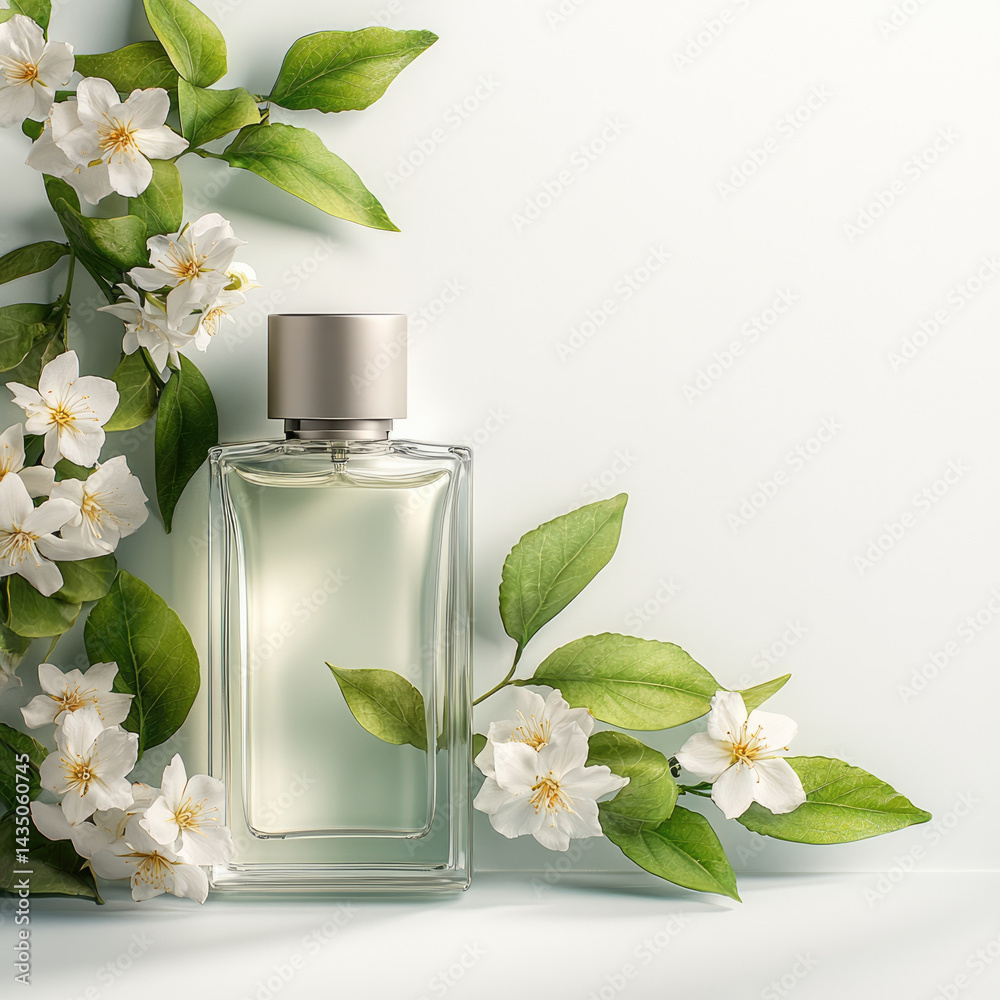Perfume bottle glass floral fragrance white flower green leaf elegant fresh beauty nature glass perfume bottle with silver cap is surrounded by white flowers and green leaves creating fresh