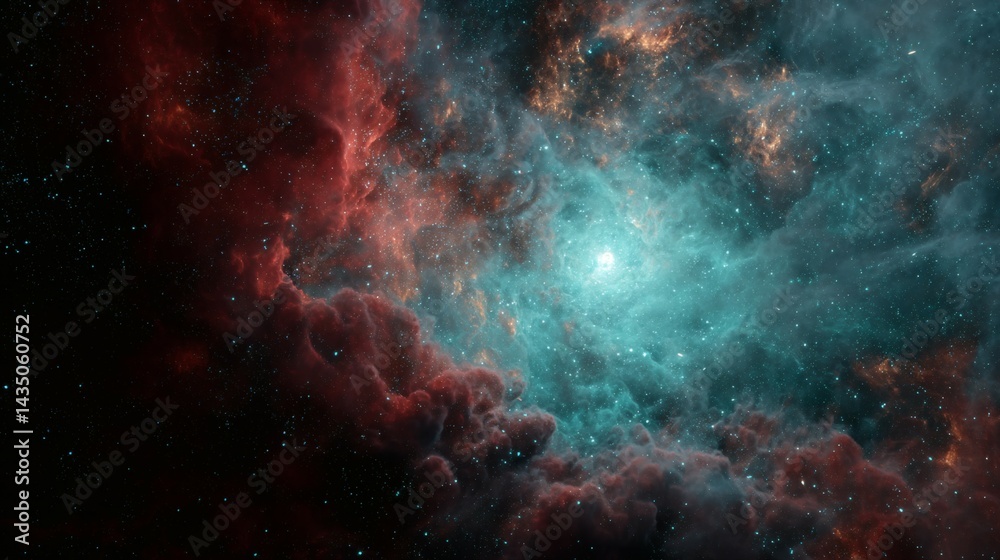 Fototapeta premium Cosmic Cloud Nebula with Shimmering Turquoise Hues and Red Dense Interstellar Dust