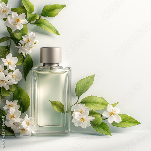 Obraz na płótnie Perfume bottle glass floral fragrance white flower green leaf elegant fresh beauty nature glass perfume bottle with silver cap is surrounded by white flowers and green leaves creating fresh w salonie