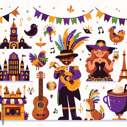 carnival, holiday, colorful, celebration, purple, mardi, festive, party, festival, mardi gras, decoration, gras, design, green, background, masquerade, banner, traditional, fat tuesday, yellow, bright