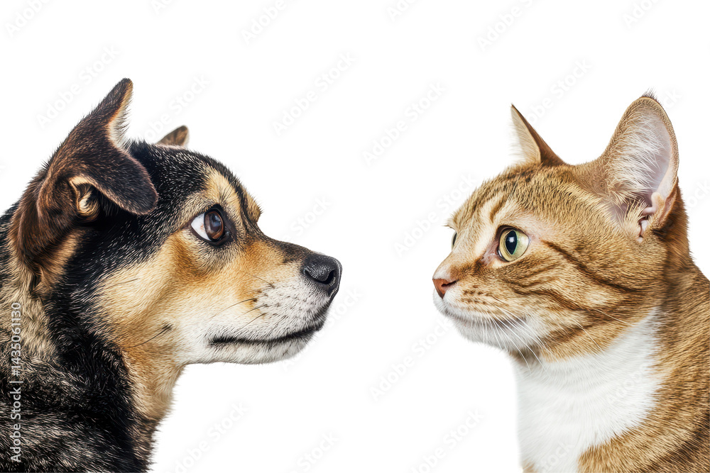 Obraz premium Cat and dog face each other gently in a silent gaze on white background