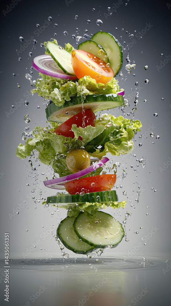 Fresh salad ingredients including lettuce, cucumber, tomato, red onion, and olive are flying in midair with water splashes, creating vibrant and refreshing healthy food concept
