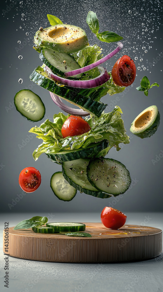 Fresh salad ingredients including lettuce, cucumber, tomato, avocado, and red onion slices are floating above wooden cutting board, creating vibrant and healthy food concept